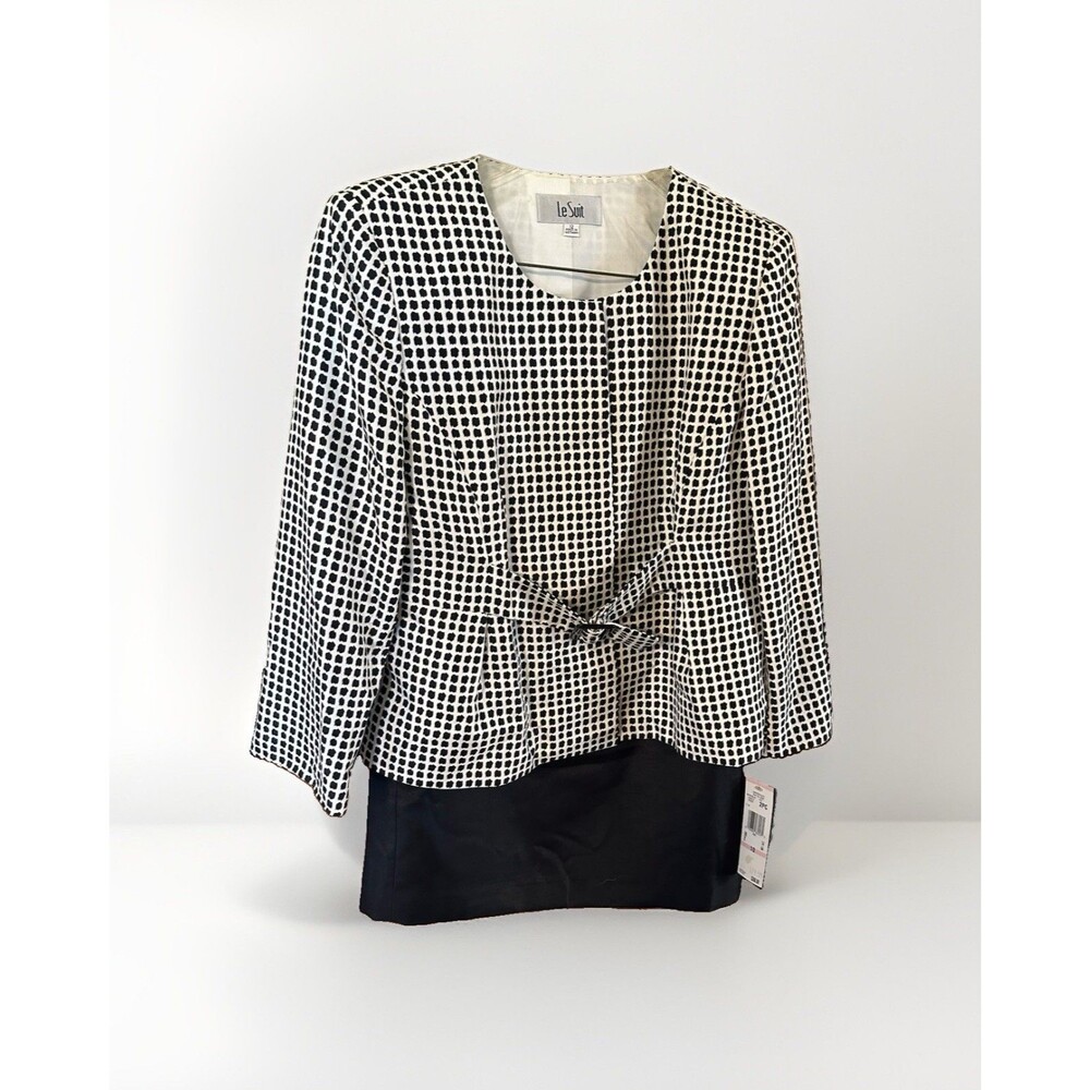 Le Suit Belted Peplum Jacket White Black Sleek Skirt 2pc Sz 12 NWT $200 MSRP